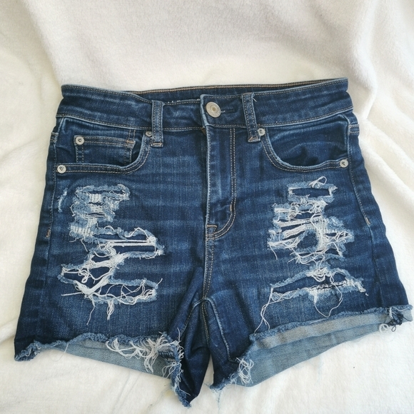 American Eagle Dark Denim Hi-Rise Short Next Level Stretch Distressed Shorts - Picture 2 of 8